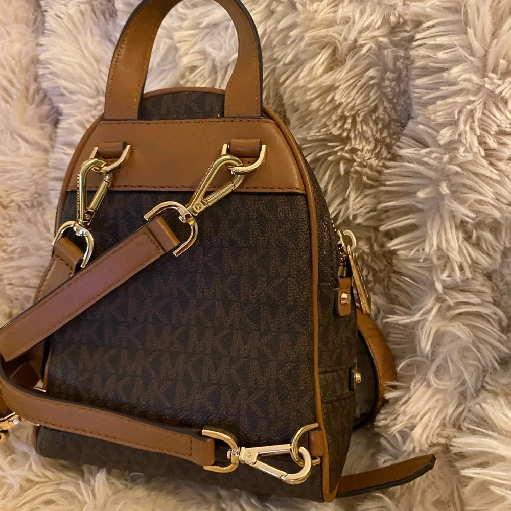 Michael Kors Brown Logo Mini Backpack with Tan Trim and Gold Hardware